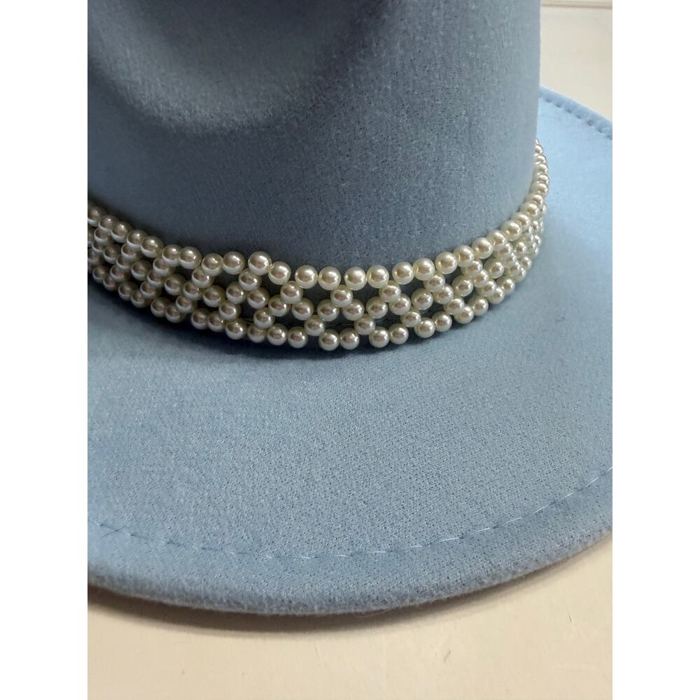Boutique Womens OS Adjustable Light Blue Pearl Band Fedora Cowboy Hat - Picture 2 of 5